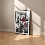 Cha Hae-In manga poster inspired by Solo Leveling in a black frame against a warm beige wall