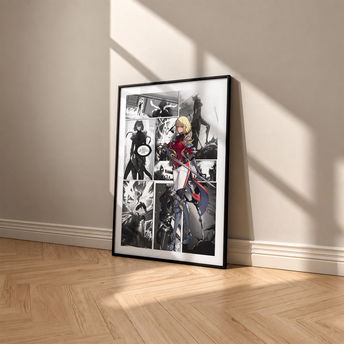 Cha Hae-In manga poster inspired by Solo Leveling in a black frame against a warm beige wall