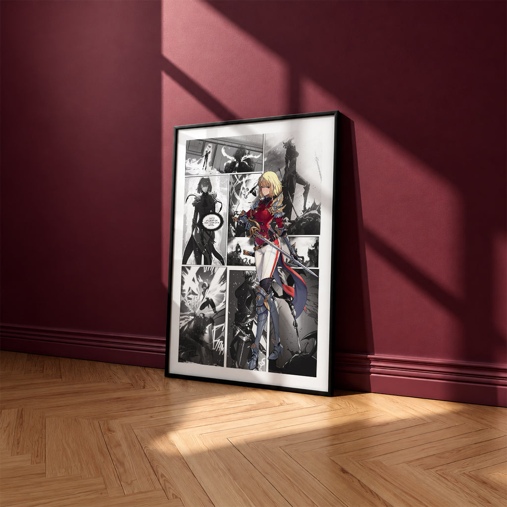 Cha Hae-In manga poster inspired by Solo Leveling in a black frame against a burgundy wall