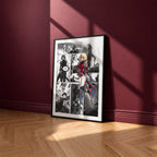 Cha Hae-In manga poster inspired by Solo Leveling in a black frame against a burgundy wall