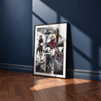 Cha Hae-In manga poster inspired by Solo Leveling in a black frame against a navy blue wall