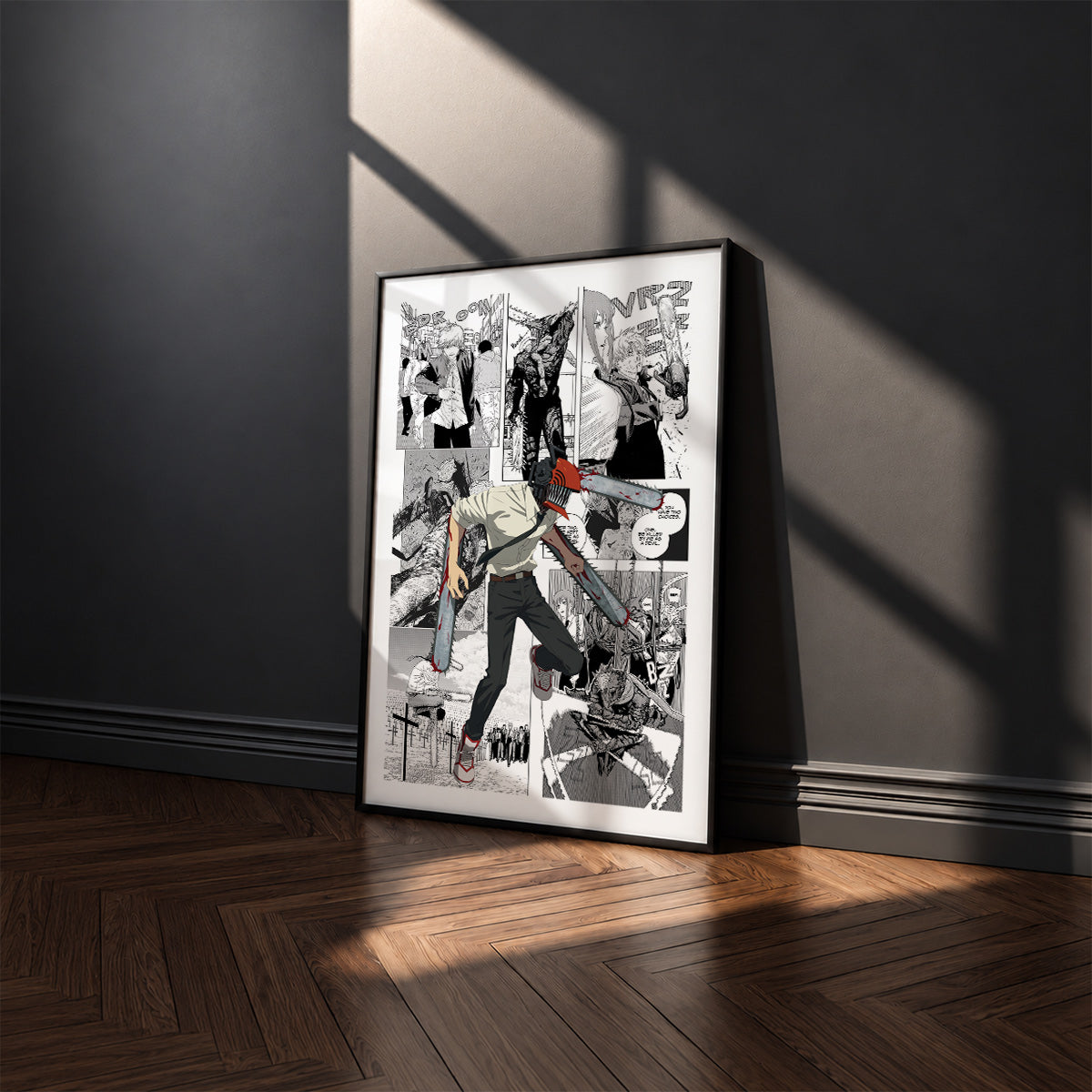 Chainsaw Man manga poster inspired by Chainsaw Man in a black frame against a charcoal gray wall