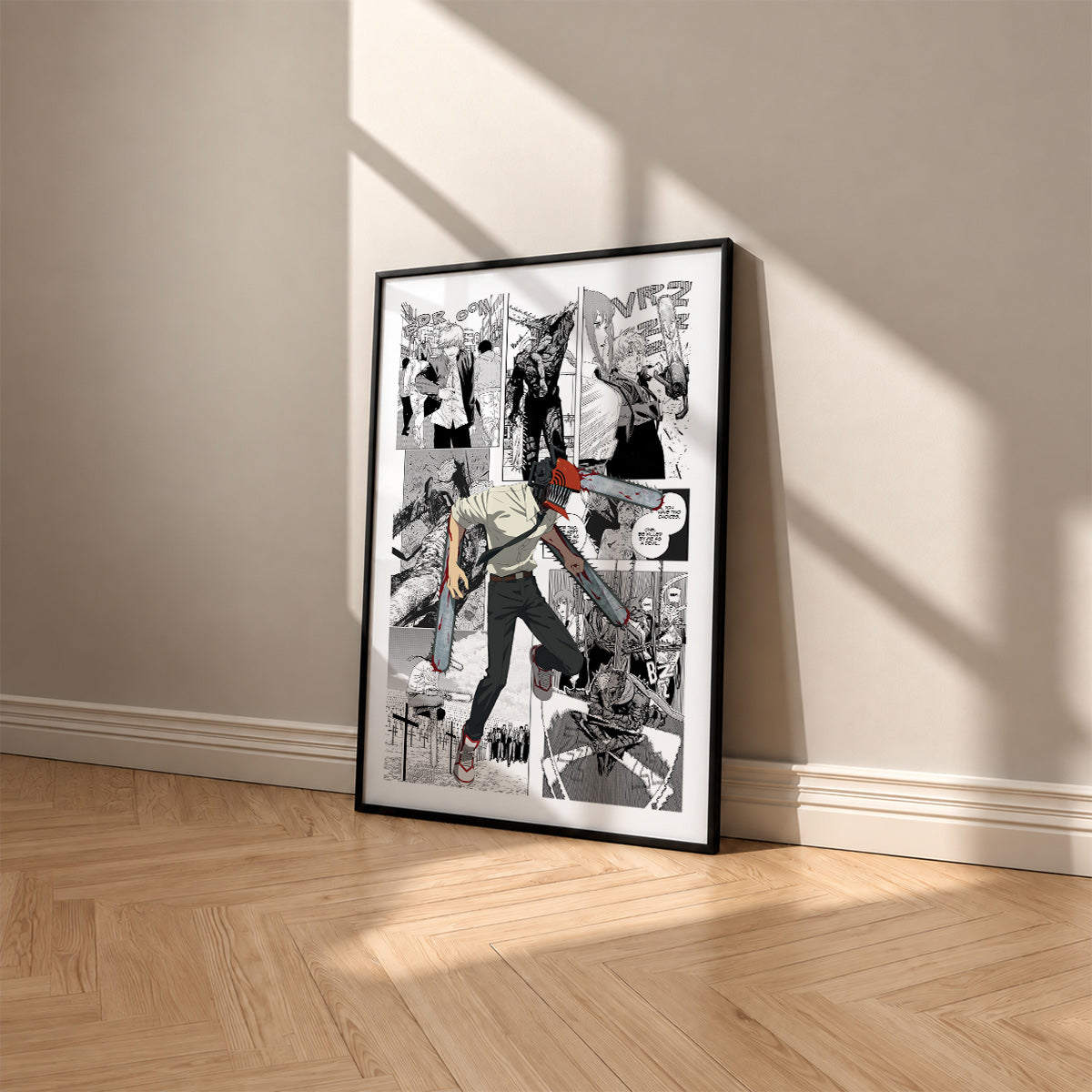 Chainsaw Man manga poster inspired by Chainsaw Man in a black frame against a warm beige wall