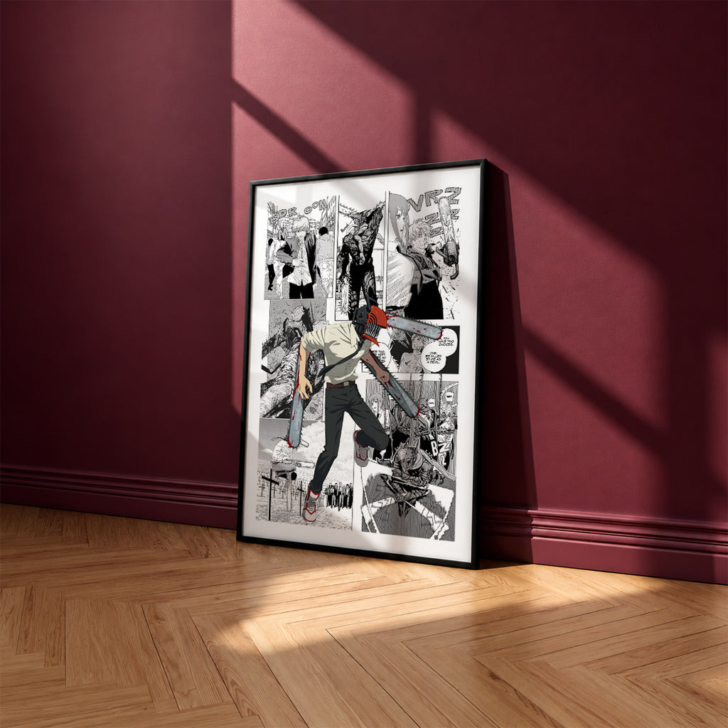 Chainsaw Man manga poster inspired by Chainsaw Man in a black frame against a burgundy wall