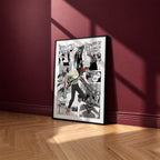 Chainsaw Man manga poster inspired by Chainsaw Man in a black frame against a burgundy wall