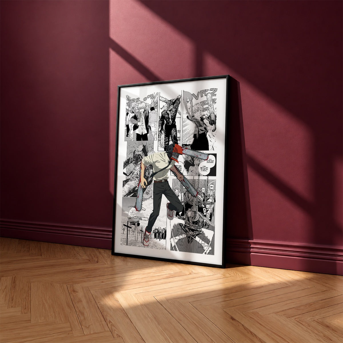 Chainsaw Man manga poster inspired by Chainsaw Man in a black frame against a burgundy wall
