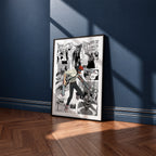 Chainsaw Man manga poster inspired by Chainsaw Man in a black frame against a navy blue wall