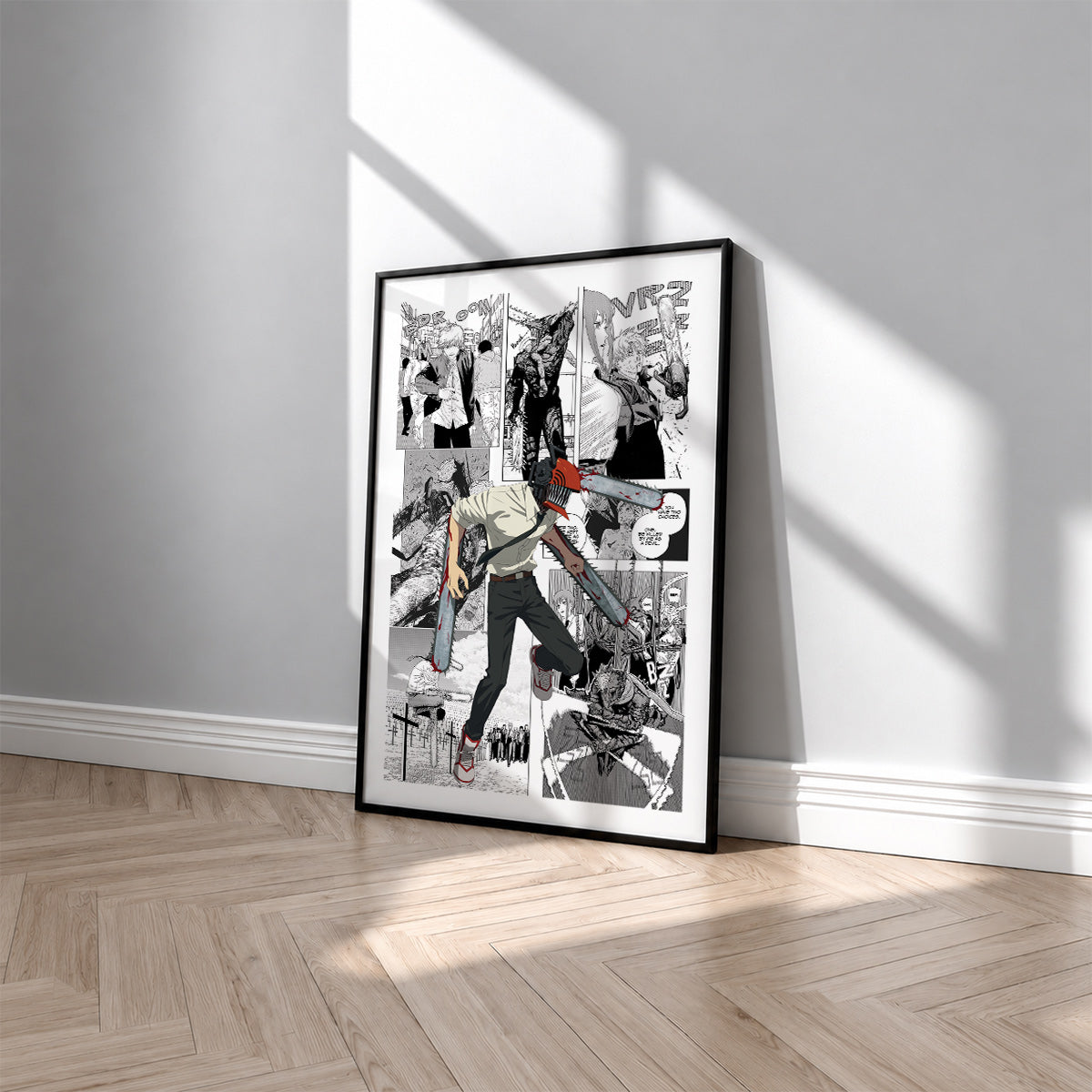 Chainsaw Man manga poster inspired by Chainsaw Man in a black frame against a light gray wall