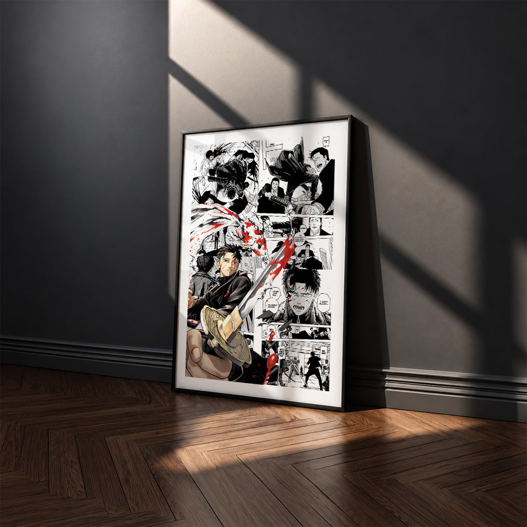 Chihiro Rokuhira manga poster inspired by Kagurabachi in a black frame against a charcoal gray wall