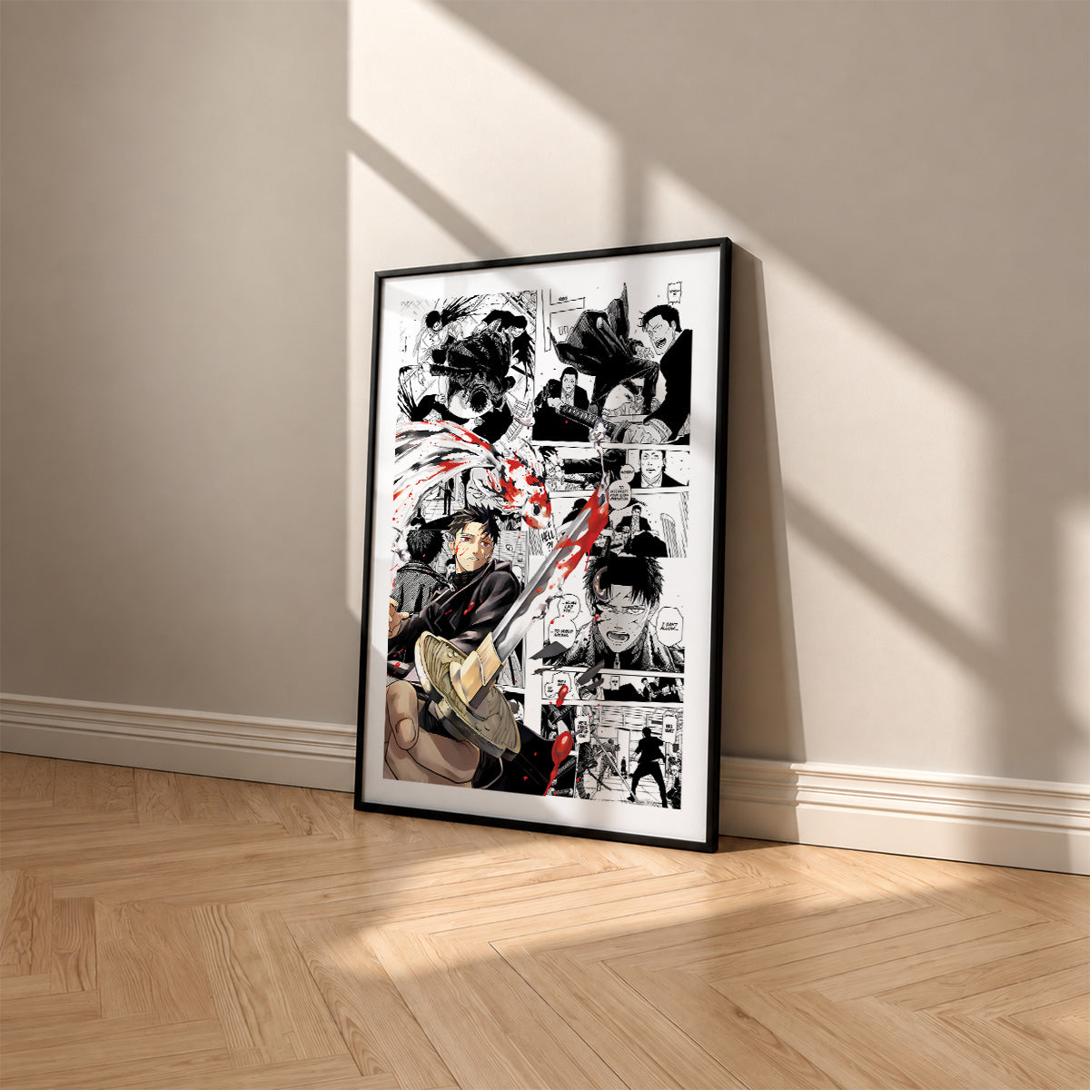 Chihiro Rokuhira manga poster inspired by Kagurabachi in a black frame against a warm beige wall