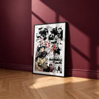 Chihiro Rokuhira manga poster inspired by Kagurabachi in a black frame against a burgundy wall