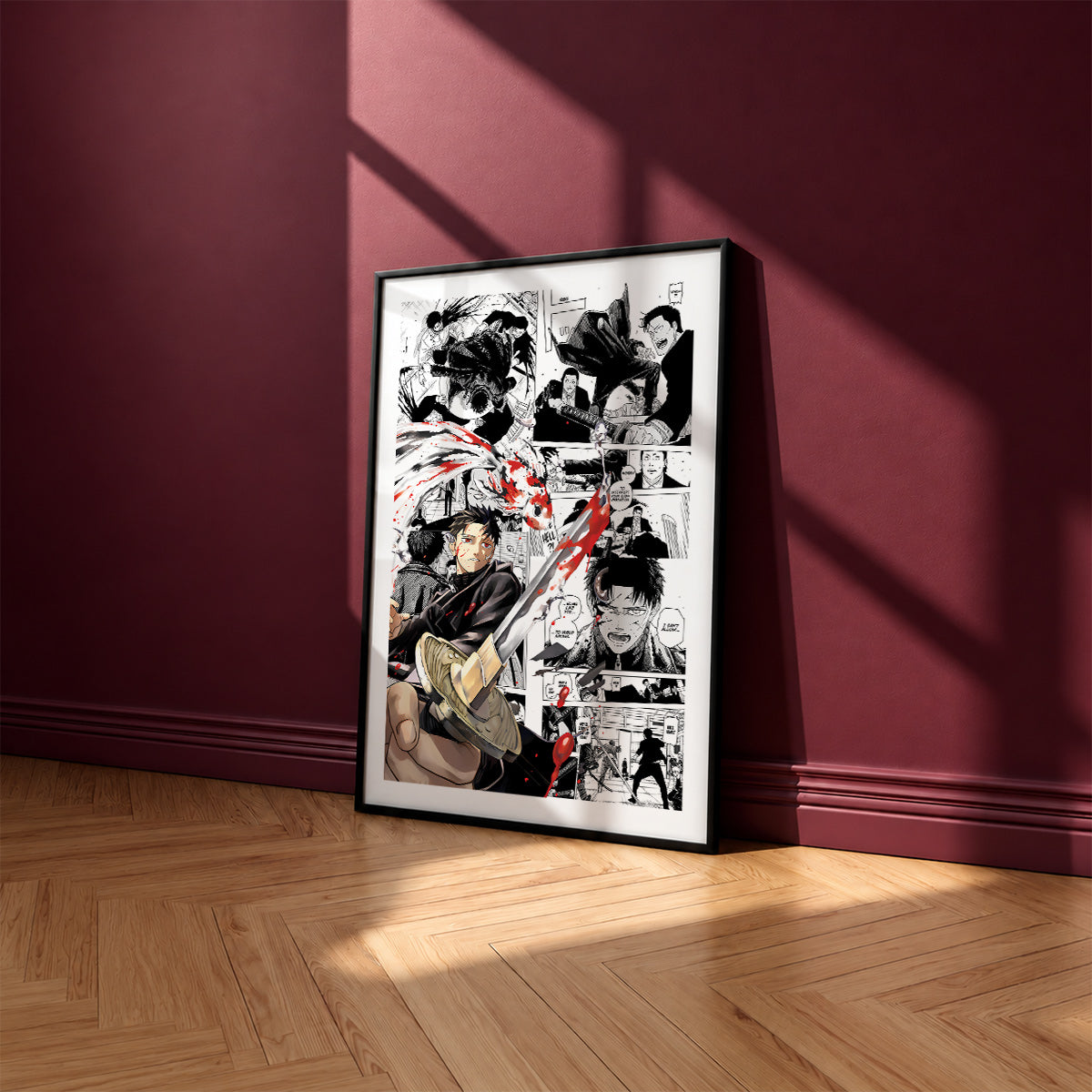 Chihiro Rokuhira manga poster inspired by Kagurabachi in a black frame against a burgundy wall
