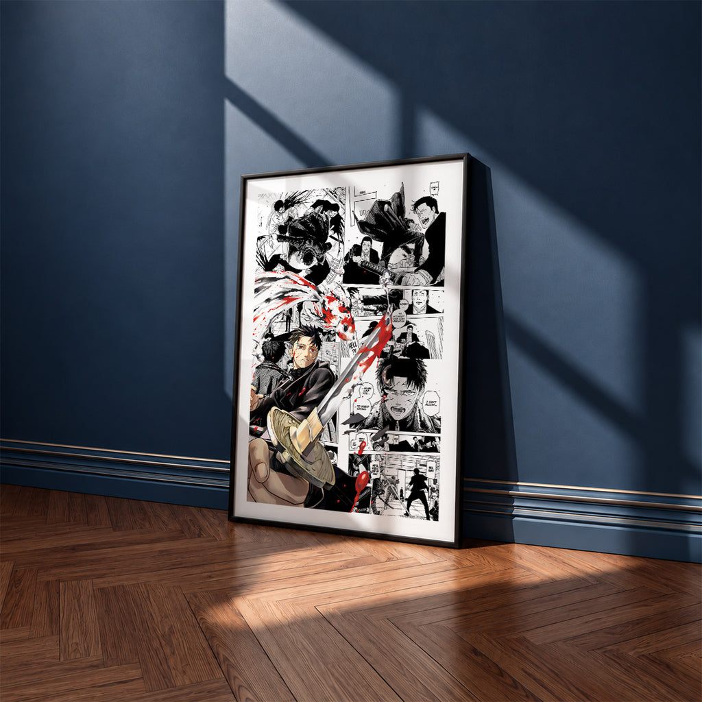Chihiro Rokuhira manga poster inspired by Kagurabachi in a black frame against a navy blue wall