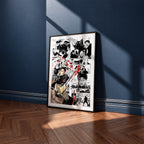 Chihiro Rokuhira manga poster inspired by Kagurabachi in a black frame against a navy blue wall
