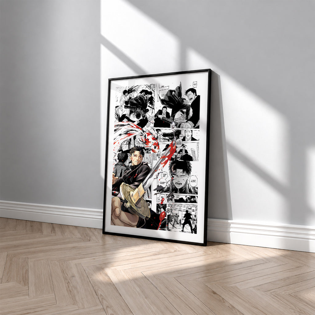 Chihiro Rokuhira manga poster inspired by Kagurabachi in a black frame against a light gray wall