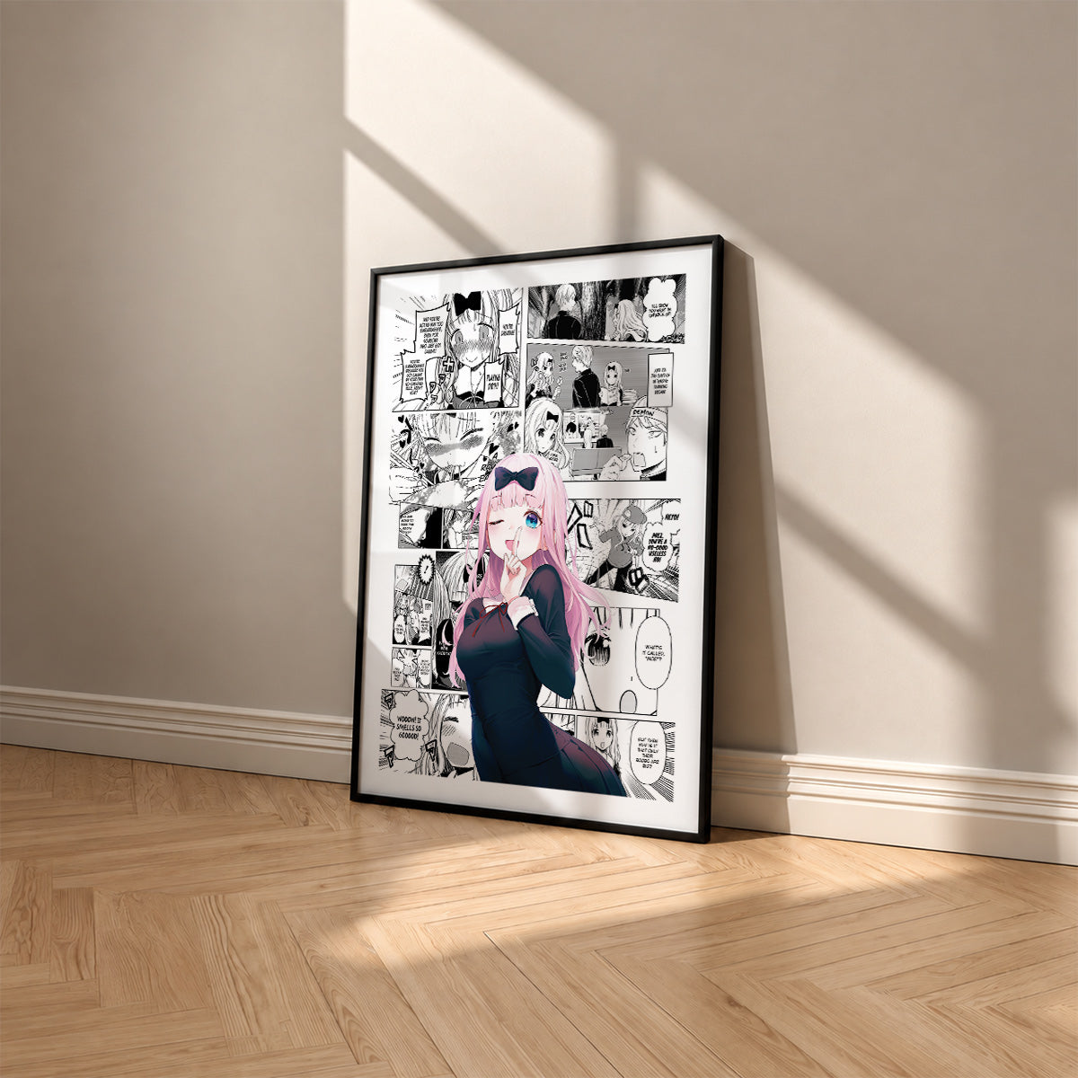 Chika Fujiwara manga poster inspired by Kaguya-sama: Love Is War in a black frame against a warm beige wall