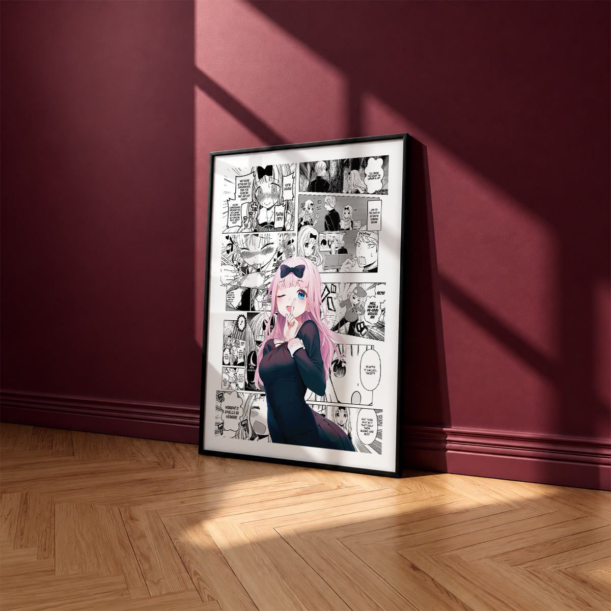 Chika Fujiwara manga poster inspired by Kaguya-sama: Love Is War in a black frame against a burgundy wall