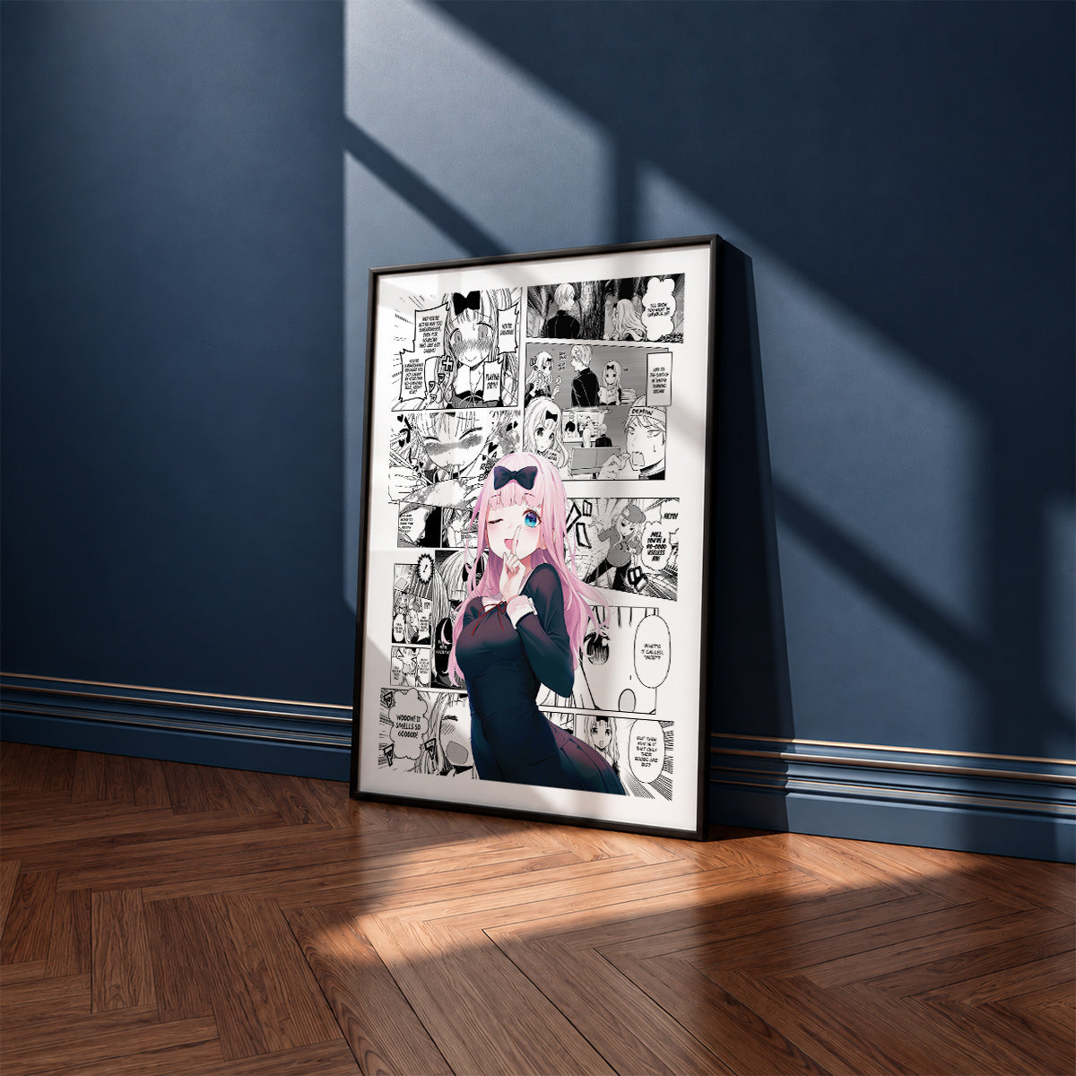 Chika Fujiwara manga poster inspired by Kaguya-sama: Love Is War in a black frame against a navy blue wall