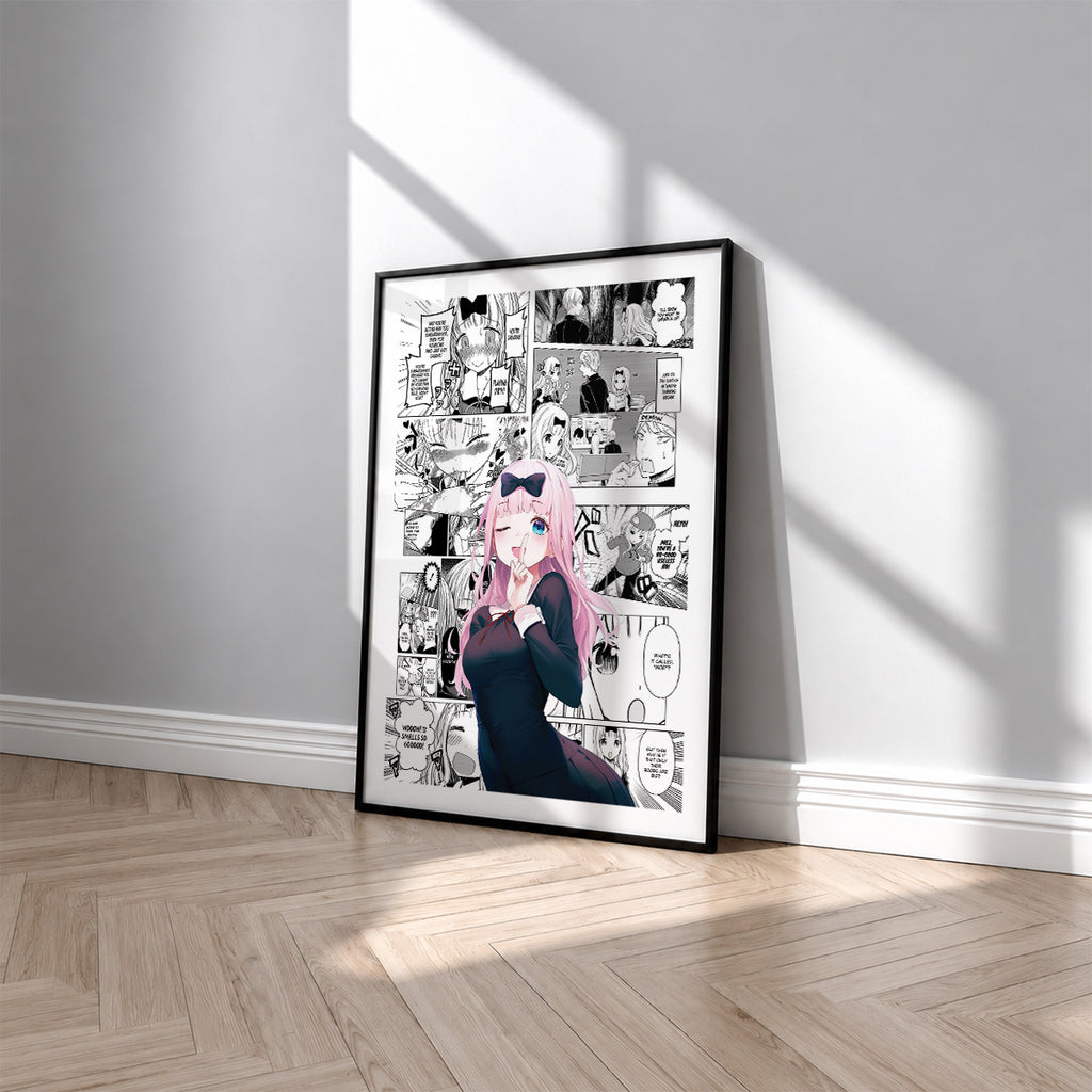 Chika Fujiwara manga poster inspired by Kaguya-sama: Love Is War in a black frame against a light gray wall