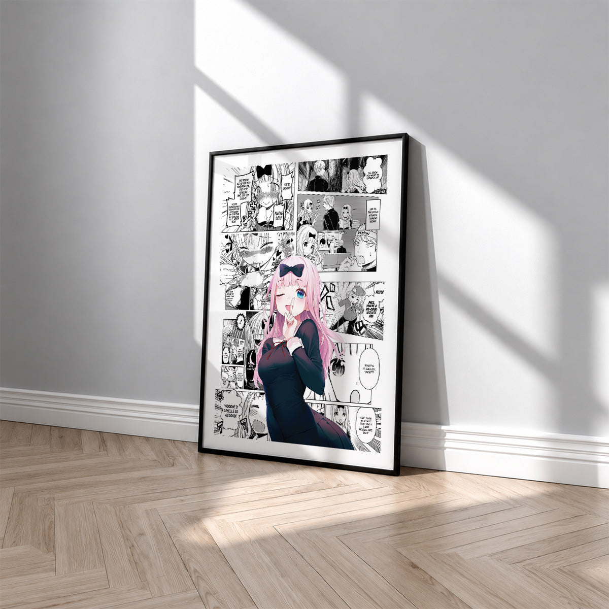 Chika Fujiwara manga poster inspired by Kaguya-sama: Love Is War in a black frame against a light gray wall