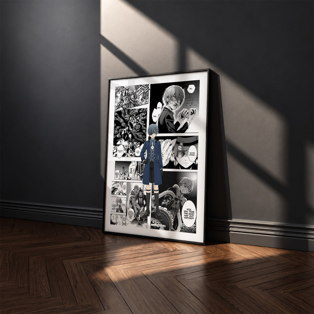 Ciel Phantomhive manga poster inspired by Black Butler in a black frame against a charcoal gray wall