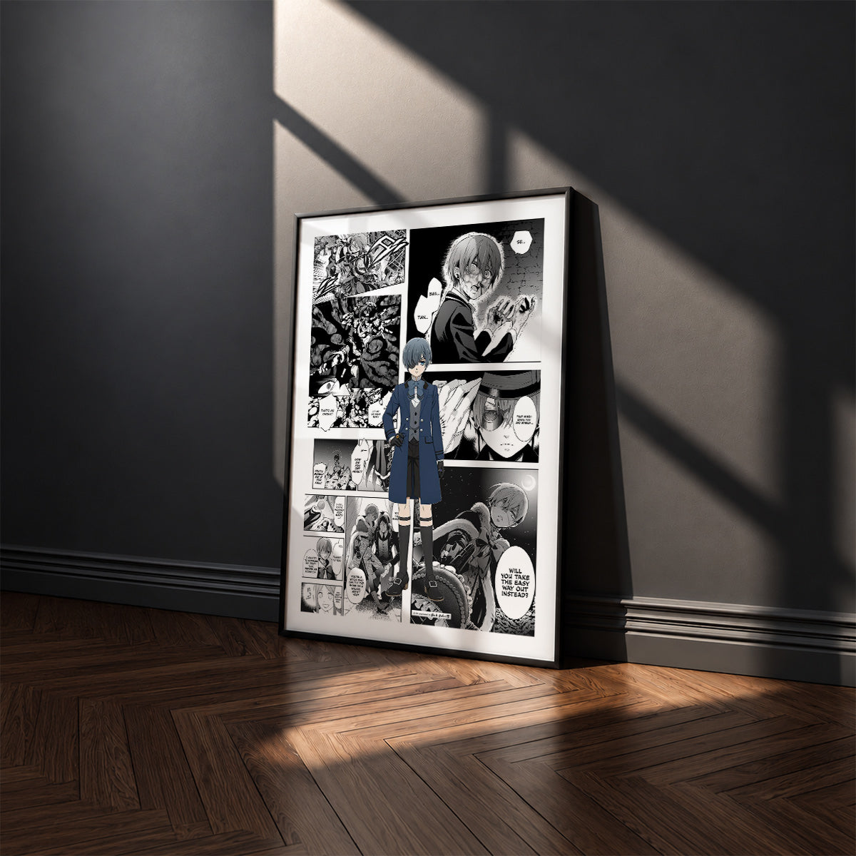 Ciel Phantomhive manga poster inspired by Black Butler in a black frame against a charcoal gray wall