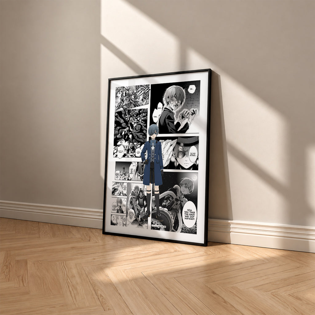 Ciel Phantomhive manga poster inspired by Black Butler in a black frame against a warm beige wall