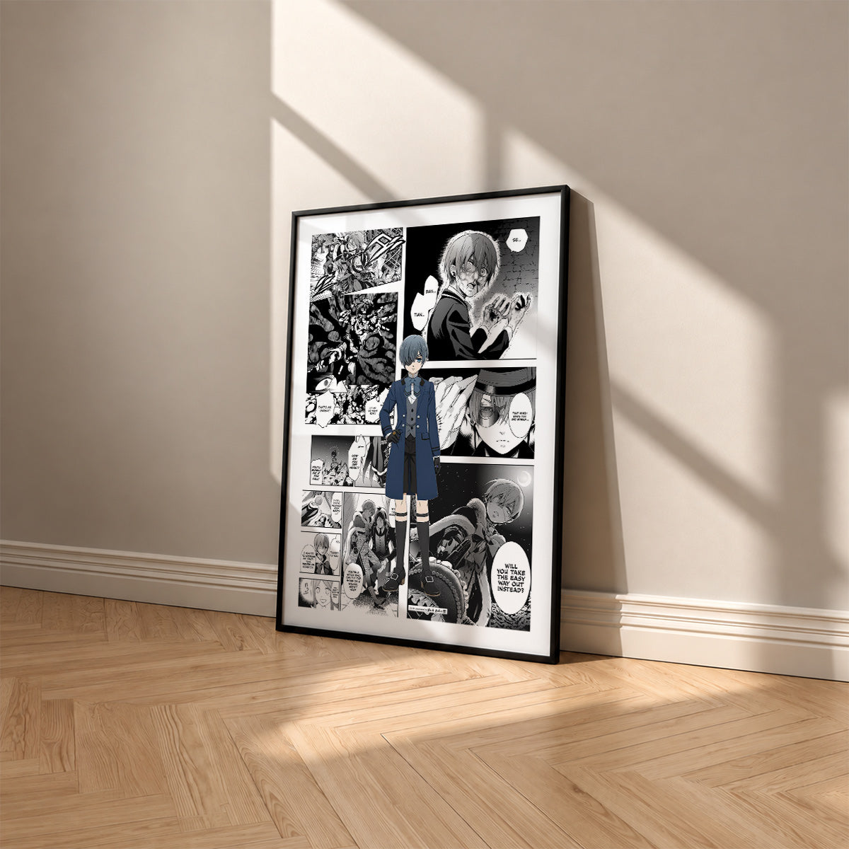 Ciel Phantomhive manga poster inspired by Black Butler in a black frame against a warm beige wall