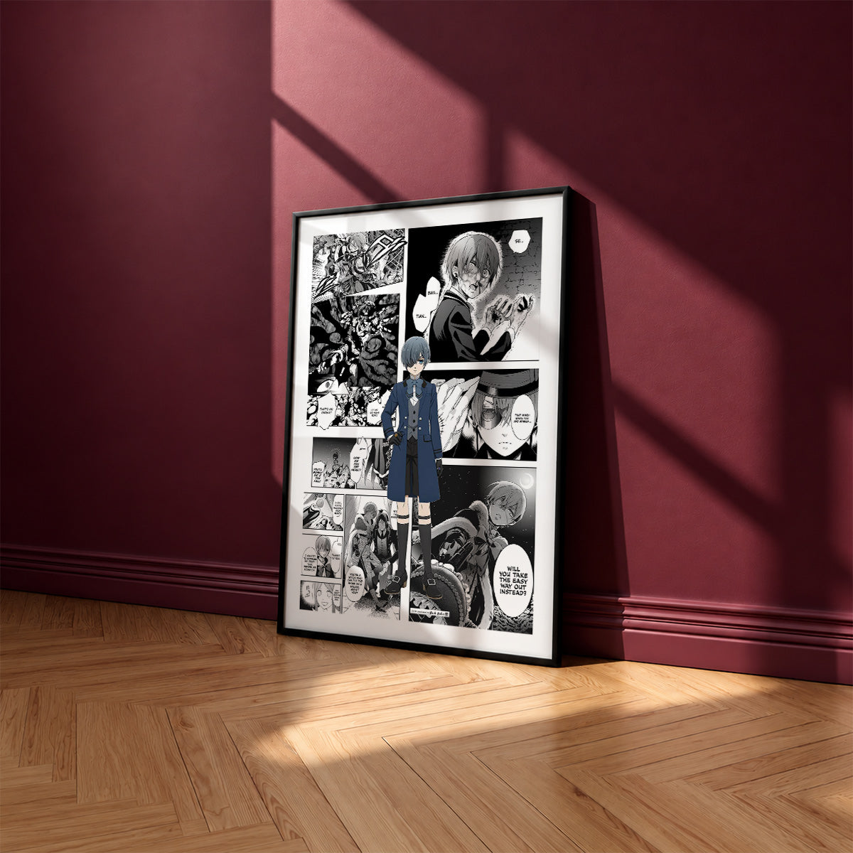 Ciel Phantomhive manga poster inspired by Black Butler in a black frame against a burgundy wall