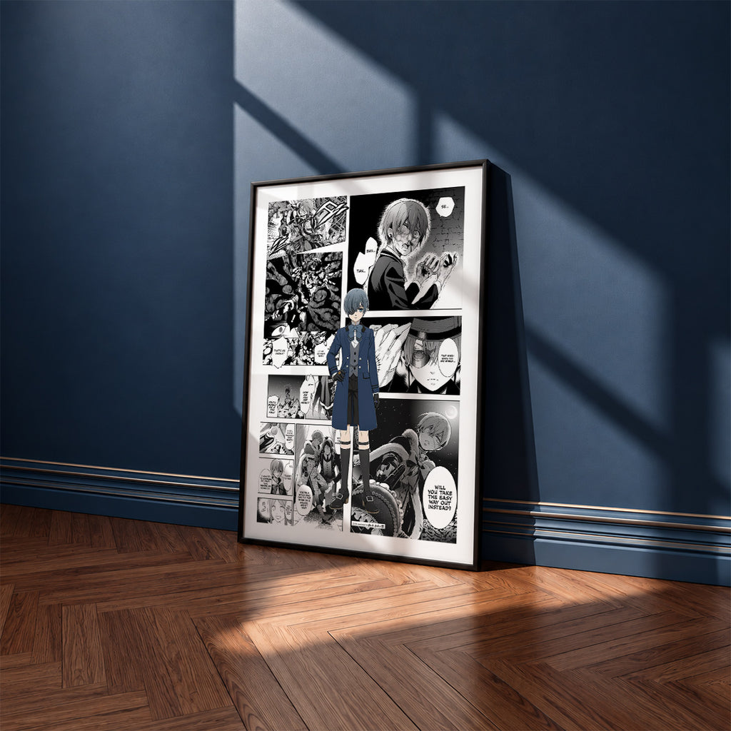 Ciel Phantomhive manga poster inspired by Black Butler in a black frame against a navy blue wall