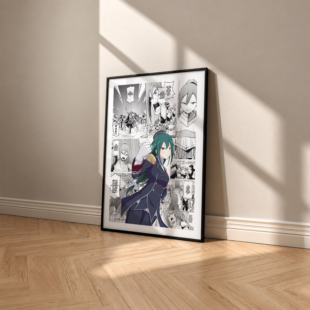 Crusch Karsten manga poster inspired by Re:Zero in a black frame against a warm beige wall
