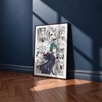 Crusch Karsten manga poster inspired by Re:Zero in a black frame against a navy blue wall