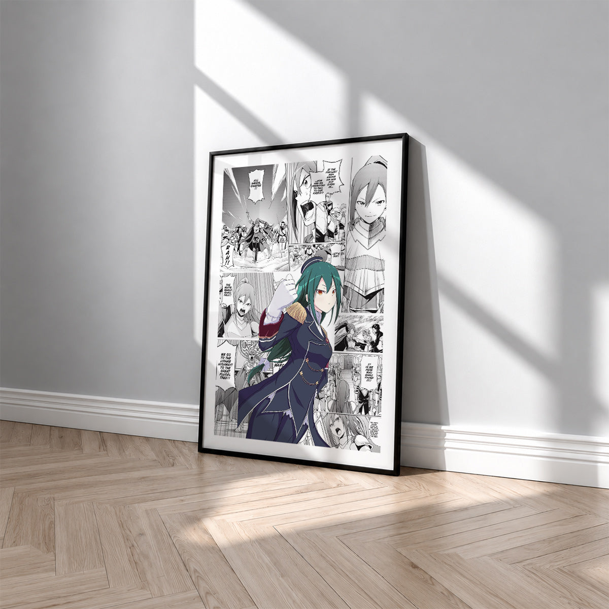 Crusch Karsten manga poster inspired by Re:Zero in a black frame against a light gray wall