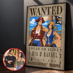 Custom One Piece Wanted poster for a couple, Mia and Rafael, in a black frame next to their original photo