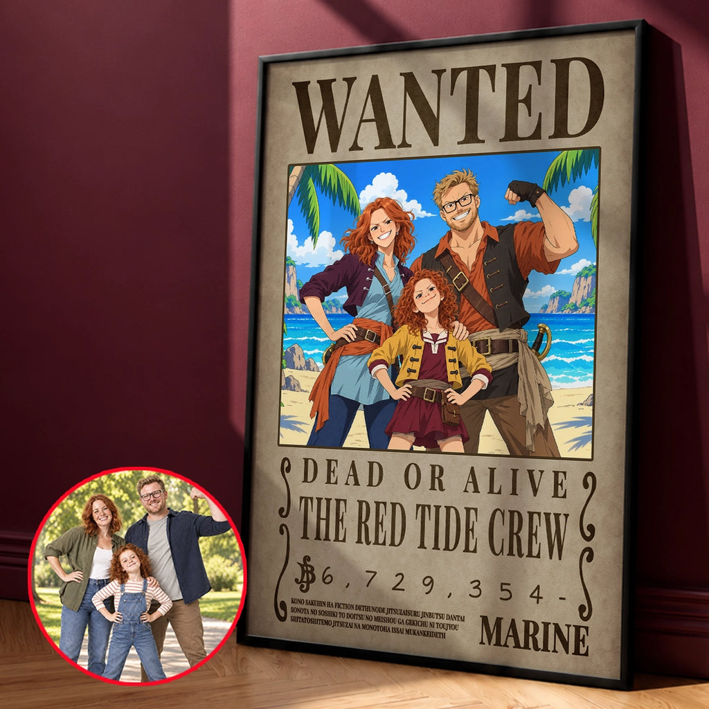 Custom One Piece Wanted poster for a family of three, The Red Tide Crew, in a black frame next to their original photo