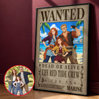 Custom One Piece Wanted poster for a family of three, The Red Tide Crew, in a black frame next to their original photo