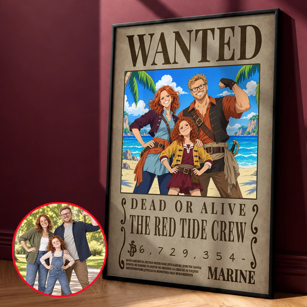 Custom One Piece Wanted poster for a family of three, The Red Tide Crew, in a black frame next to their original photo