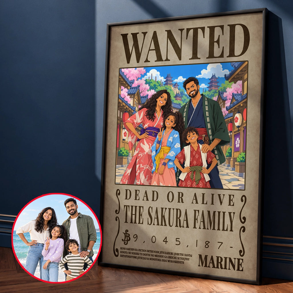 Custom One Piece Wanted poster for a family of four, The Sakura Family, in a black frame next to their original photo