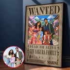 Custom One Piece Wanted poster for a family of four, The Sakura Family, in a black frame next to their original photo