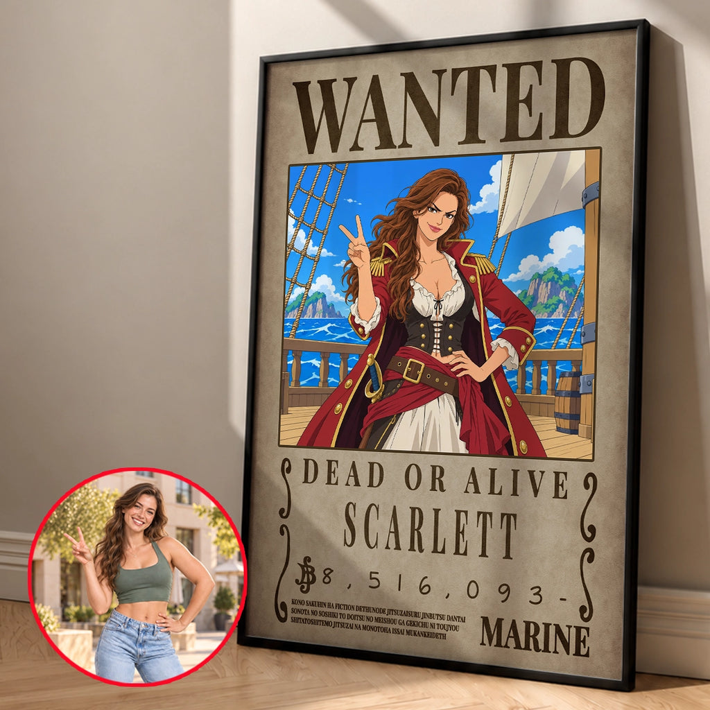 Custom One Piece Wanted poster for one person, Scarlett, in a black frame next to the original photo