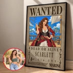 Custom One Piece Wanted poster for one person, Scarlett, in a black frame next to the original photo