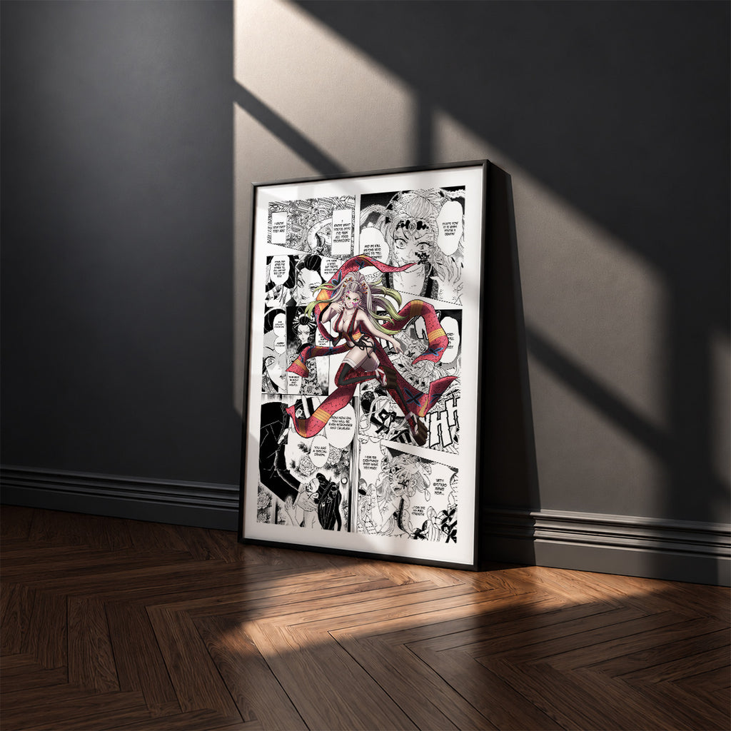 Daki manga poster inspired by Demon Slayer in a black frame against a charcoal gray wall