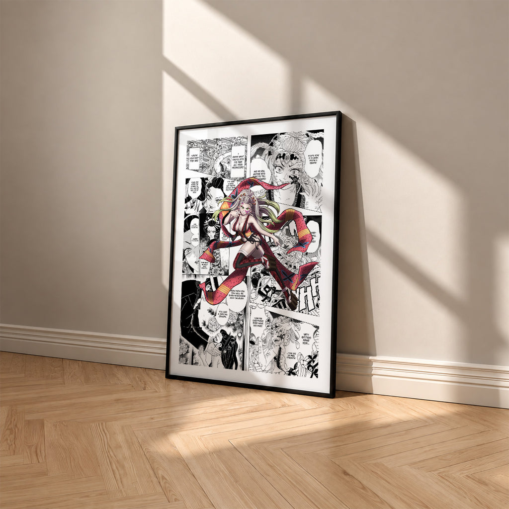 Daki manga poster inspired by Demon Slayer in a black frame against a warm beige wall