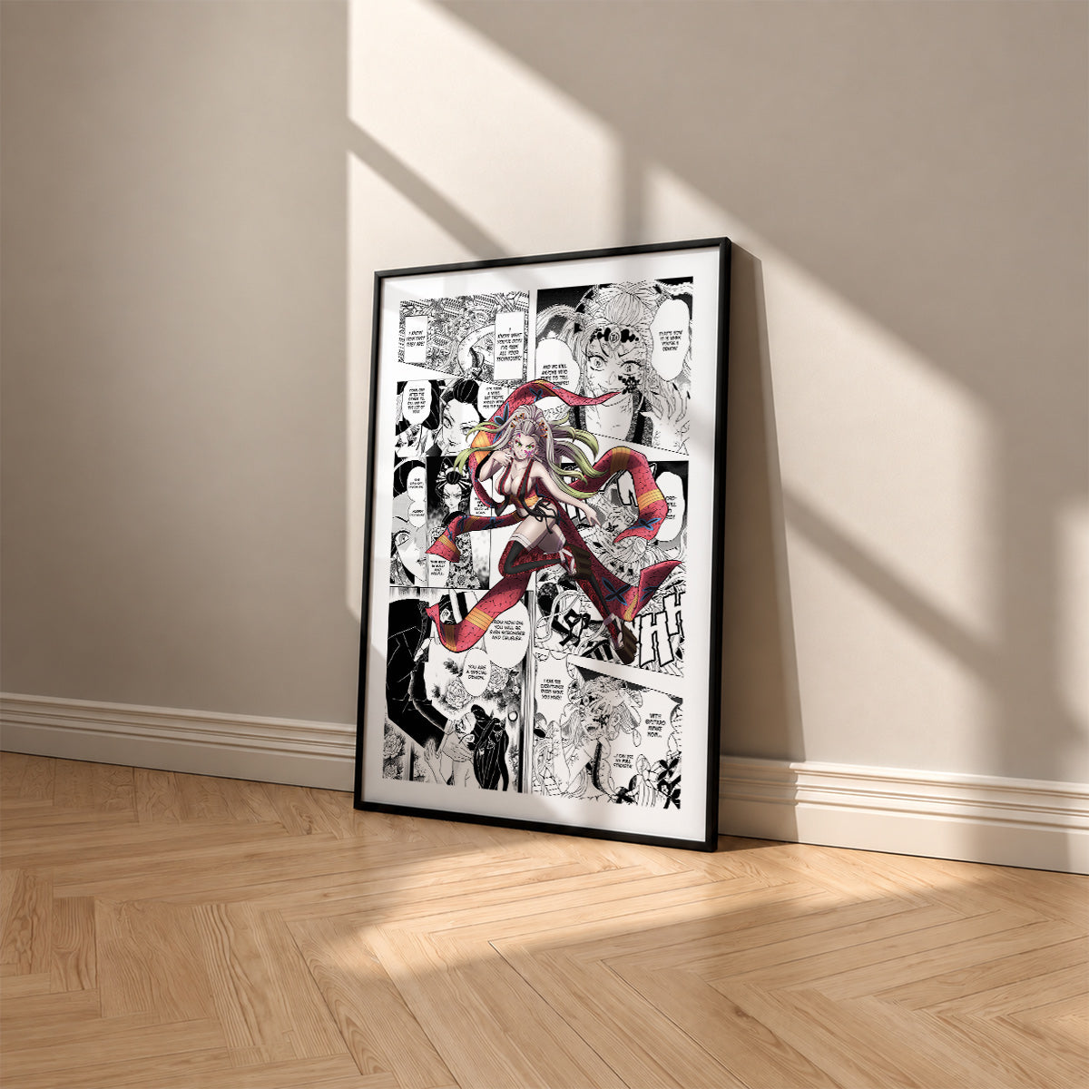 Daki manga poster inspired by Demon Slayer in a black frame against a warm beige wall