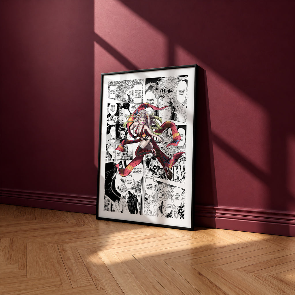 Daki manga poster inspired by Demon Slayer in a black frame against a burgundy wall