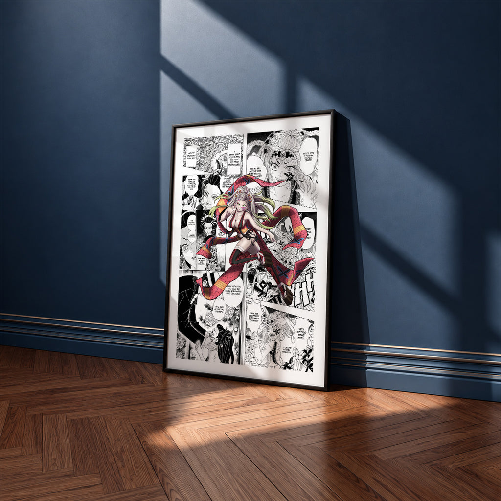 Daki manga poster inspired by Demon Slayer in a black frame against a navy blue wall