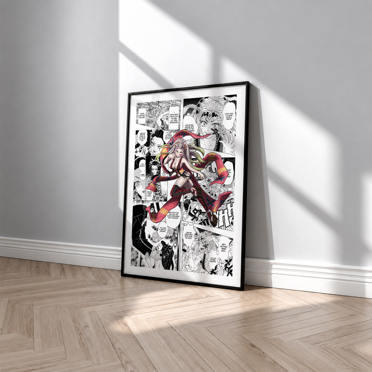 Daki manga poster inspired by Demon Slayer in a black frame against a light gray wall