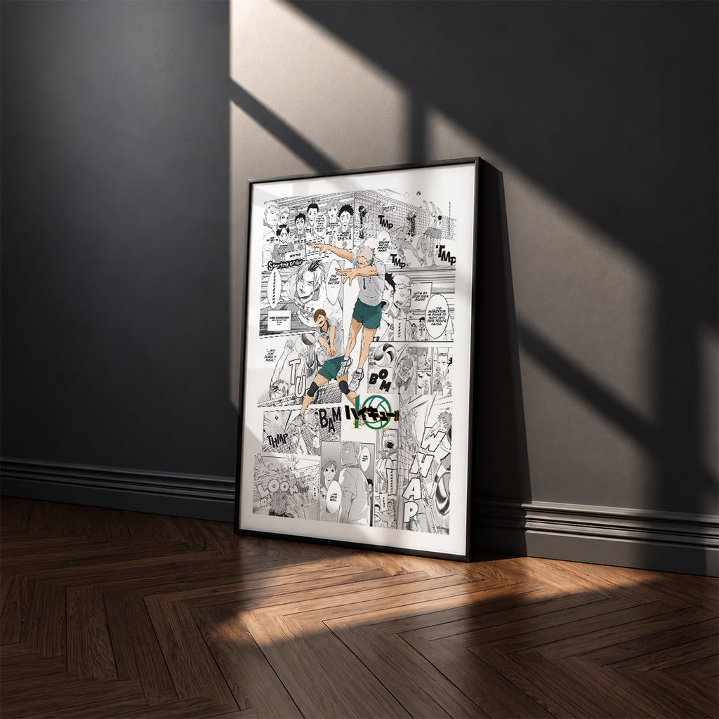 Date Tech High manga poster inspired by Haikyu!! in a black frame against a charcoal gray wall