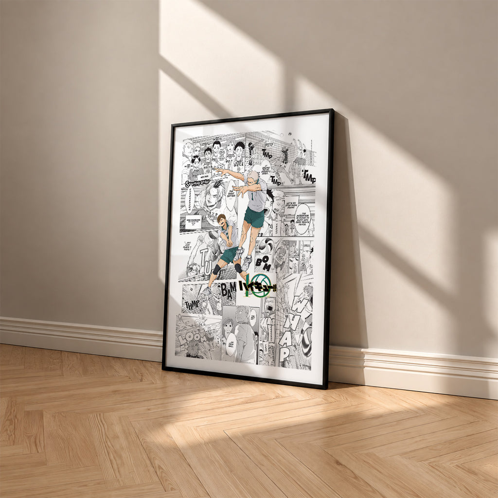 Date Tech High manga poster inspired by Haikyu!! in a black frame against a warm beige wall