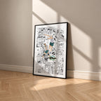 Date Tech High manga poster inspired by Haikyu!! in a black frame against a warm beige wall
